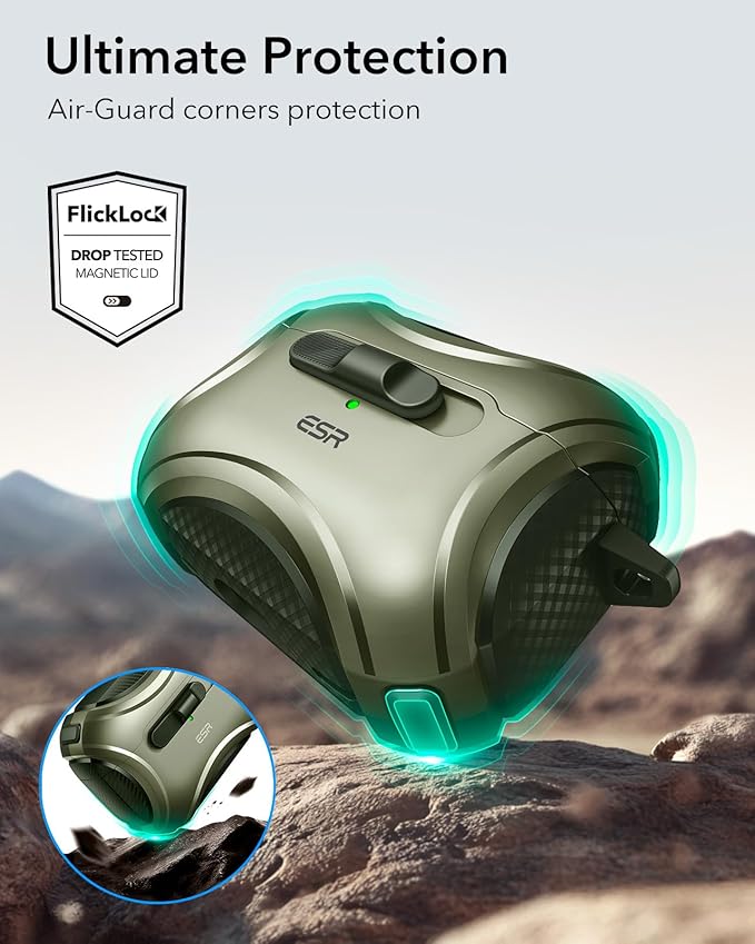 ESR for AirPods Pro 2 Case (2023/2022/2019, 2nd/1st Gen), Compatible with AirPods Pro 2nd Generation (USB-C/Lightning Cable), Effortless MagSafe, Drop-Proof Lock, Easy Open, Cyber Series,Army Green