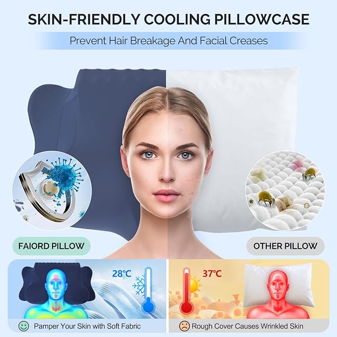 Cervical Pillow for Neck Pain Relief - Cooling Ergonomic Dual-Sided Orthopedic Neck Pillow with Ice Silk Pillowcase, Breathable Memory Foam Contour Pillow for Side, Back, Stomach Sleepers