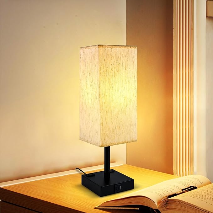 Touch Table Lamp for Bedroom, Stepless Dimmable Bedside Lamp with USB C+A Ports & 3 Color Temperatures, Nightstand Light for Living Room Office, LED Bulb Included (Beige)