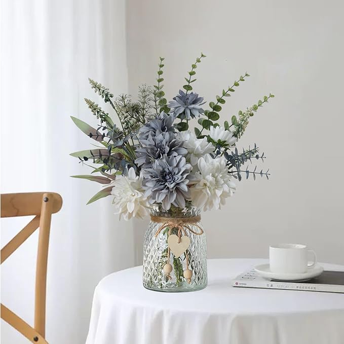 Leftover Fake Flowers with Vase,Silk Dahlia Flowers,Artificial Flowers in Vase,Centerpiece Table Decorations,Flower Centerpieces for Tables,Kitchen Table Decor,Coffee Table Decor