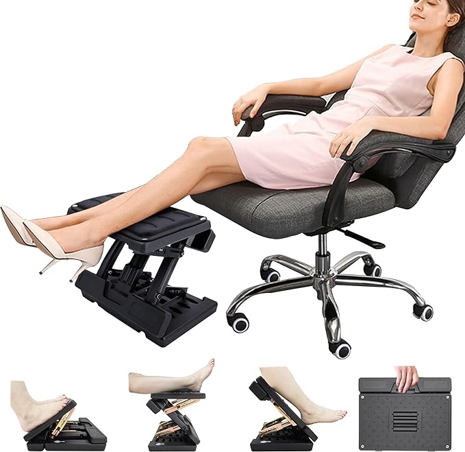 Adjustable Foot Rest and Footstool Under Desk, Ergonomic Leg Rest with Massage Roller, Height & Angle Adjustable, Detachable Cushion for Office and Home (Black)
