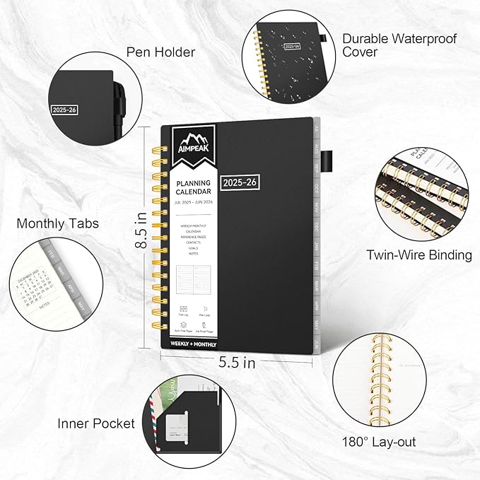 Planner 2025-2026, Weekly and Monthly Planners for Teacher & Student, Jul.2025 - Jun.2026, AIMPEAK Daily Calendar Planner with Monthly Tabs, Pocket, Pen Loop, Flexible Waterproof Cover, Black, 5.5" x 8.5"