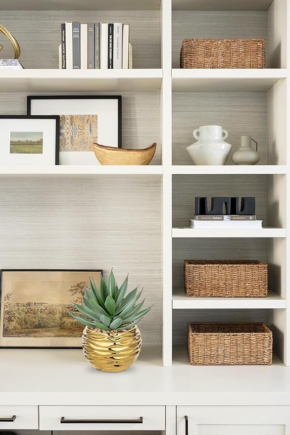 Briful Artificial Frosted Aloe Plant in Gold Ceramic Pot – 8.3” Tall Faux Succulent Agave with Decorative Pebbles – Realistic Indoor Decor for Office, Shelf, Desk, Living Room