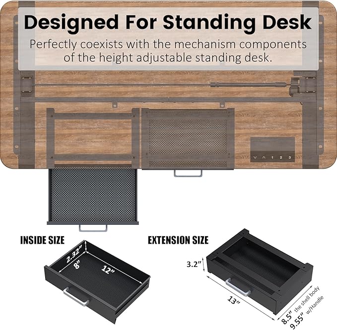 UNITEDPOWER Under Desk Drawer Storage, Pull-Out Office Hidden Counter Drawer, Metal Sliding Organizer Mount Below Table for Standing Electric Adjustable Height Desk, Black