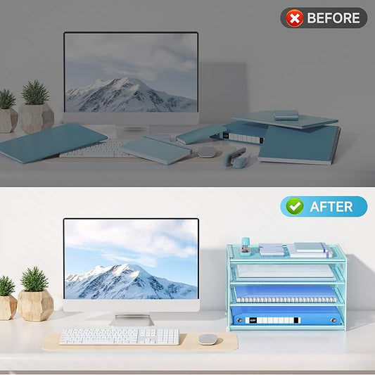 Lavatino 3-Tier Letter Tray Desk Organizer, Mesh Metal Paper File Tray Organizer for Desk, Office Supplies & Home Organization, Fits A4 Paper, Mail, Magazines & Office Accessories (Blue with Handle)