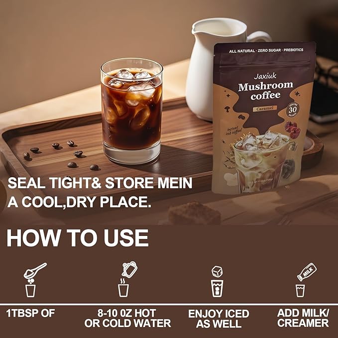 2025 NEW Mushroom Coffee, Organic 6 Mushrooms with Lion's Mane, Reishi, Cordyceps, Shiitake, King Trumpet & Turkey Tail, Instant Coffee Powder, 30 Servings 1 Pack