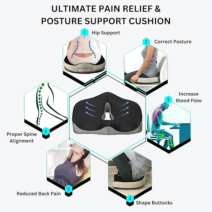 Large Memory Foam Seat Cushion for Office Chair, Wheelchair, Ergonomic Chair Cushion for Hip Pain, Ideal for Sciatica, Back Pain Relief, Tailbone Support, Booster Seat, Removable & Washable Cover