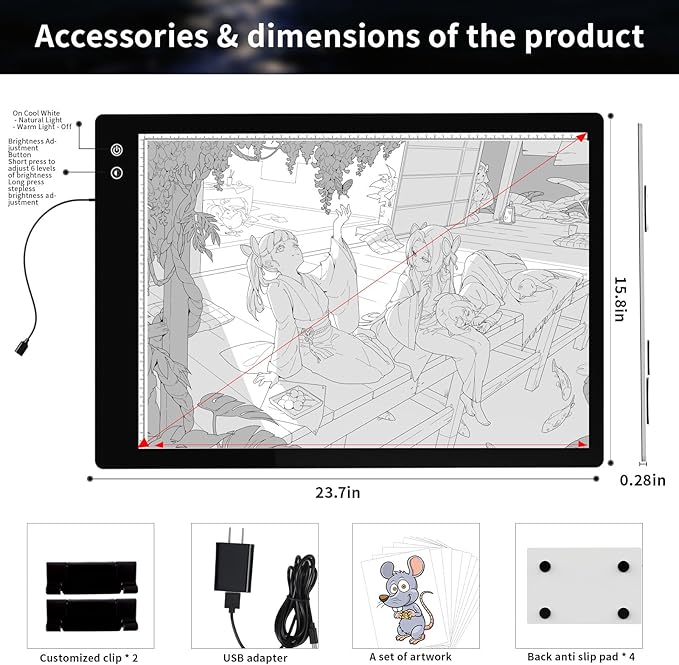 Rechargeable A2 Light Pad, Wireless Battery Powered Artist Tracing Light Box, 3 Colors/6-Level/Stepless Adjusted Brightness Large Light Board for Diamond Painting, Cricut Weeding Vinyl, Art