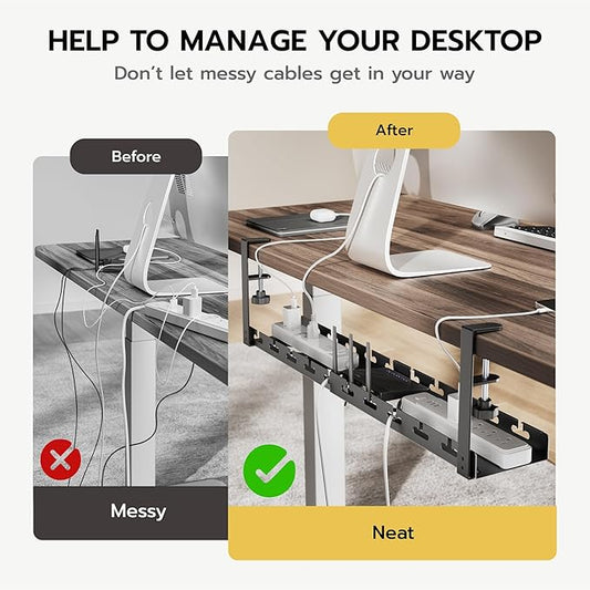 ARES WING 17"-28.7" Extendable Under Desk Cable Management Tray with Cable Slots, Clamp On Cord Organizer Holds Up to 11 lbs, Black Metal Under Desk Storage for Office and Gaming Accessories