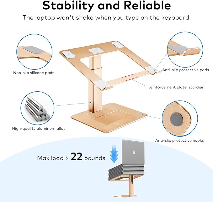 Laptop Stand for Desk, Ergonomic Aluminum Laptop Stand Adjustable Height from 7-15", Sitting and Standing Laptop Riser for 10-17" Notebook (Gold)