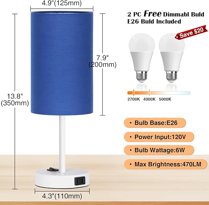 ZJOJO Table Lamp for Bedroom Set of 2, Bedside Small Lamps with 3 Way Dimmable Rocker Switch and AC Outlet, Nightstand Desk Lamp with Blue Fabric Shade White Base for Living Room Home Decor Lights