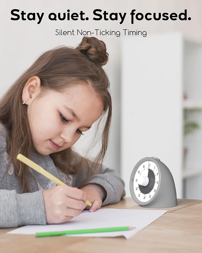 Visual Timer for Kids with Pause Button, 60-Minute Countdown Timer with Silent Operation, Desk Pomodoro Timer Kid Time Management Tools for Classroom, Office and Kitchen, Gray