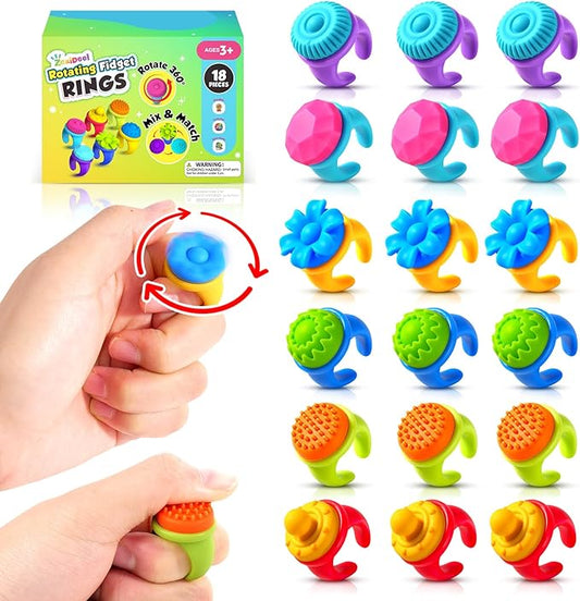 Fidget Rings Sensory Toys for Kids: 18 Pack Fidget Anxiety Spinner Rings- Autism Sensory Toy for Special Needs ADHD- Stress Relief Quiet Fidgets for Classroom- Small Treasure Box Prizes Bulk Gifts