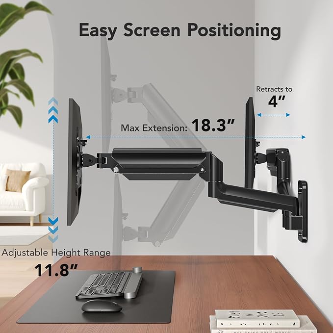 HUANUO Dual Monitor Wall Mount for 17-32 Inch Screens - Height-Adjustable Gas Spring Arms (Per Arm 4.4-17.6lbs) - VESA 75x75/100x100 - Tilt, Swivel, Rotation - Home Office & Workspace Desk Setup
