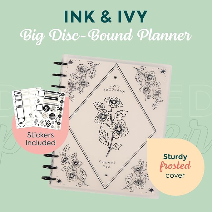 Happy Planner Disc-Bound Planner Jan.–Dec. 2026, Includes 3 Extra Months and 2 Sticker Sheets, Big Size, 8.5" x 11", Dashboard Layout, Ink & Ivy