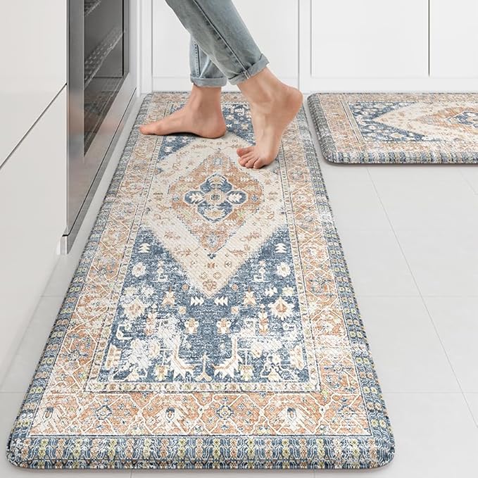 KIMODE Kitchen Rugs and Mats 2PCS Cushioned Anti Fatigue Kitchen Mat Non-Skid Waterproof Kitchen Runner Rug for Kitchen Decor,Floors,Office,Laundry,Blue and Gold