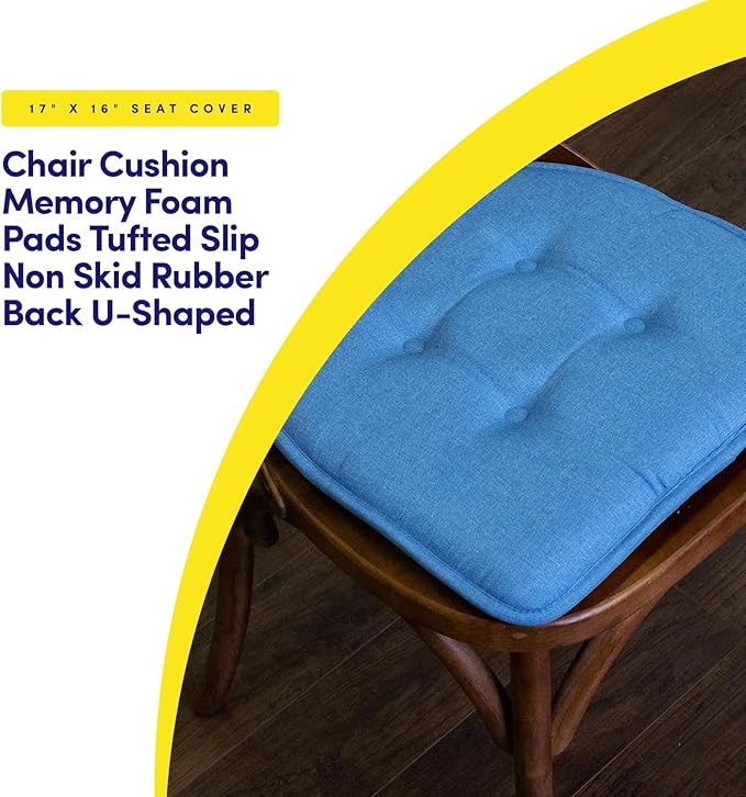 Sweet Home Collection Chair Cushion Memory Foam Pads Tufted Slip Non Skid Rubber Back U-Shaped 17" x 16" Seat Cover, 2 Count (Pack of 1), Turquoise