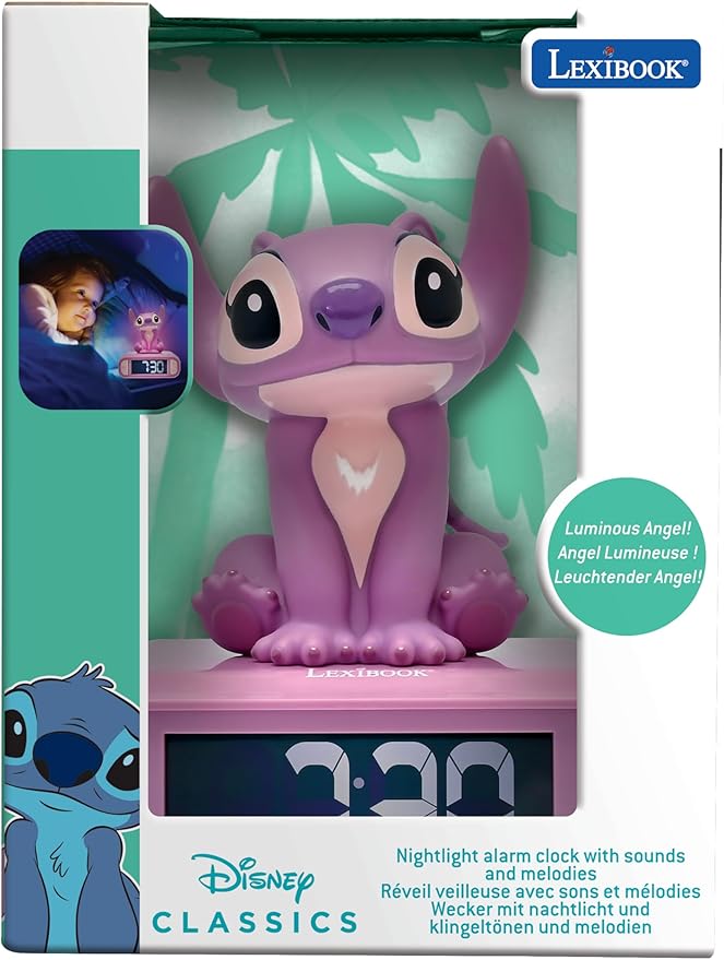 LEXiBOOK, Disney Stitch, Angel Night Light Alarm Clock, Sounds and Melodies, Backlit LCD Screen, Luminous, Snooze, Pink, RL800D1