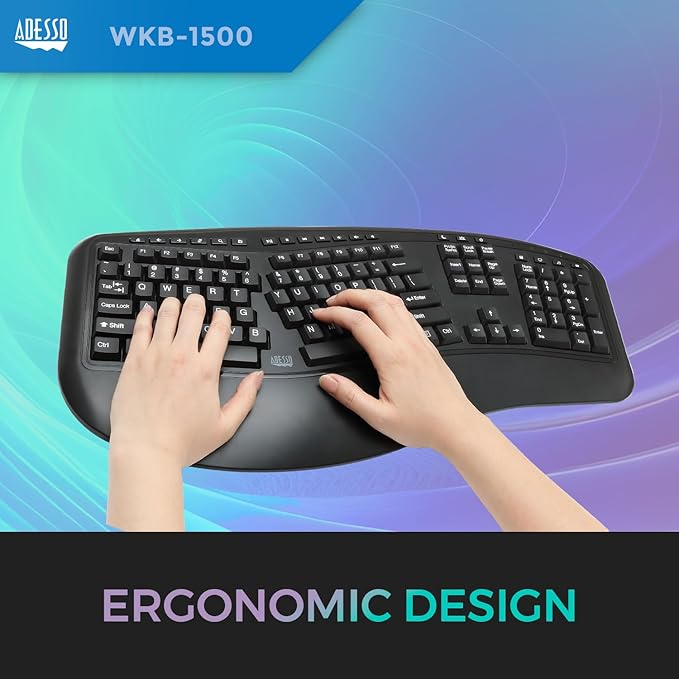 Adesso WKB-1500GB - Wireless Ergonomic Desktop Keyboard and Laser Mouse with Split Keys Design and Palm Rest for Comfort, Long Battery Life, Nano Receiver - Compatible for PC & Windows XP/7/8/10,Black