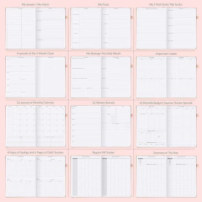 GoGirl Planner PRO - Undated Horizontal Layout Weekly Planner and Organizer + Budgeting and Expense Tracking Pages, Goals Journal & Agenda, 7" x 10" Hardcover, Lasts 1 Year - Rose Gold
