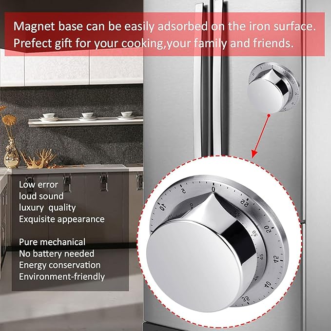 Kitchen Timers for Cooking, Chef Cooking Timer Clock with Loud Alarm - Magnetic Backing 100% Mechanical Desk Timer - No Batteries Required, Countdown Reminder Magnetic - Exquisite Stainless Steel Body