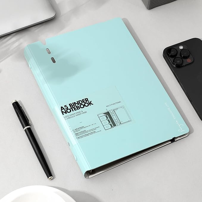 CAGIE A5 Binder 6 Ring Notebook with Dividers Refillable Planner Binder with Pockets, Refill Paper Include Planning Square Ruled and Dotted Pages, 6.89 x 9.25 In, (Blue, A5 Daily&Dot Page)