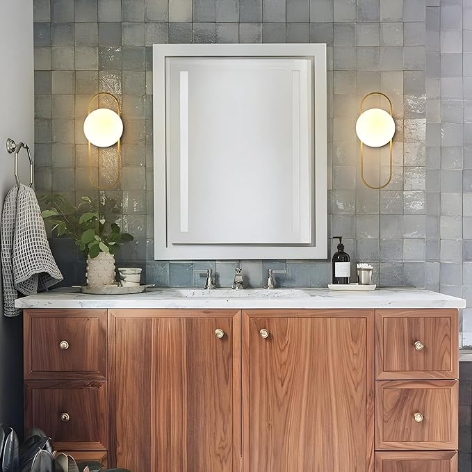 Gold Glass Globe Wall Sconce Set of 2 Mid-Century Modern Vintage Brass Oval Wall Mounted Light Fixtures Rustic Bathroom Vanity Lights Over Mirror