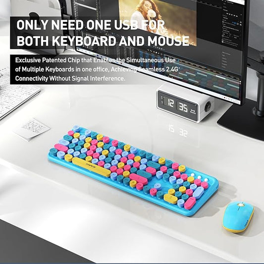 Keyboard and Mouse Wireless,Cute Retro Wireless Keyboard Mouse Combo with Round Key,2.4Ghz Dropout-Free Connection,Typewriter Wireless Keyboard Mouse Set for PC Laptop Desktop Computer-Blue Colorful