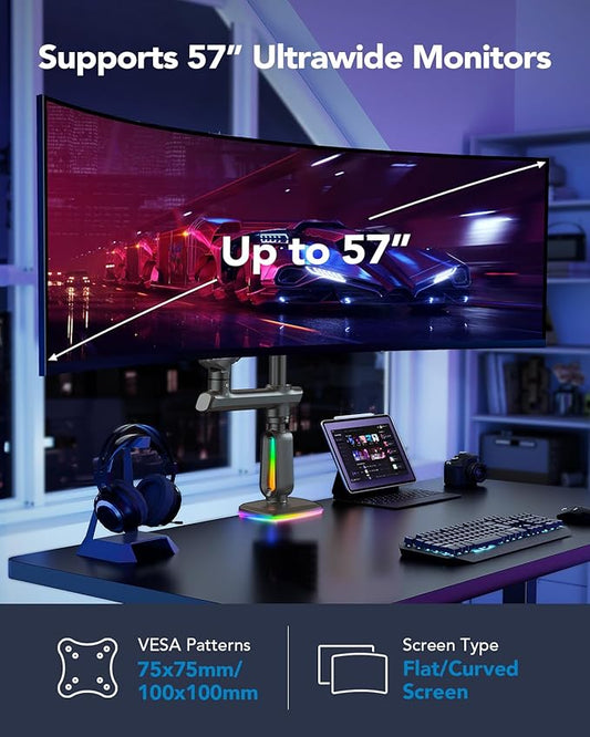 HUANUO RGB Heavy Duty Monitor Arm for Ultrawide Screens up to 57", Holds 44 lbs, Tall Ultrawide Monitor Stand with 29.1" Max Height, Fully Adjustable Single Computer Desk Mount, Max VESA 100x100mm