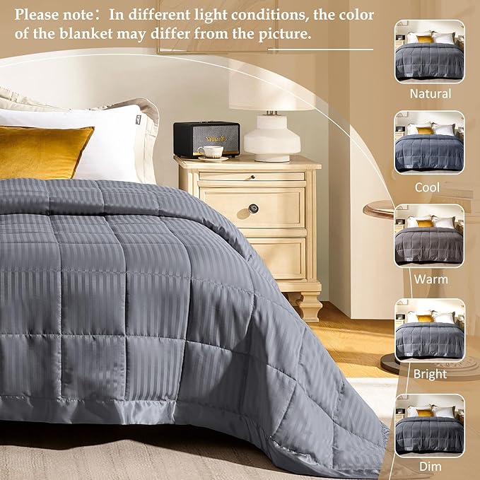 downluxe Twin Blanket with Satin Trim, Lightweight Down Alternative Blanket Twin Size for All Season, Machine Washable (Grey, 66 X 90 Inch)