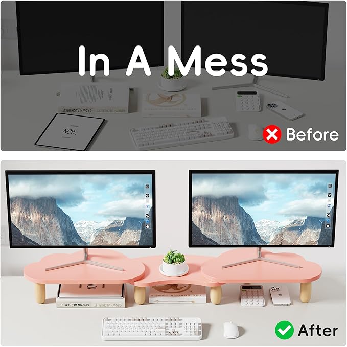 Dual Monitor Stand Riser,Rainbow Cloud Desktop Computer Stand for 2 Monitors,Adjustable Length and Angle Multifunctional Desktop Organizer Stand for Laptop, PC, Computer, Printer,Pink