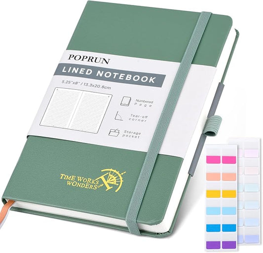 POPRUN Lined Journal Notebook for Women & Men, A5 Medium Size 5.25''x 8'',120GSM Thick Paper, 128 Numberd Pages, Hardcover, Index Tabs, College Ruled Notebook for Work & Note Taking - Midnight Green