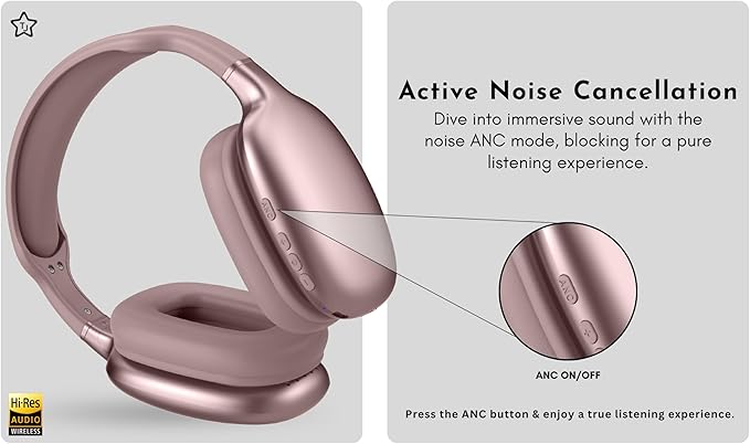 TJ Active Noise Cancelling Bluetooth Over Ear Headphones | Supersoft Leather Wireless Headset Wired Built-in MIC 24H Playtime High Res Audio Travel/Work/School/Students/Running/Gym (Pink)