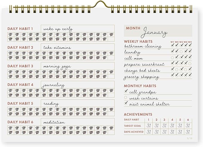 Undated Monthly Habit Tracker Calendar – Minimalist Table Wall Planner for Goals & Productivity, Daily/Weekly/Monthly Tracking, Wire-O Hanger, Thick 200 gsm Paper, Neutral Design