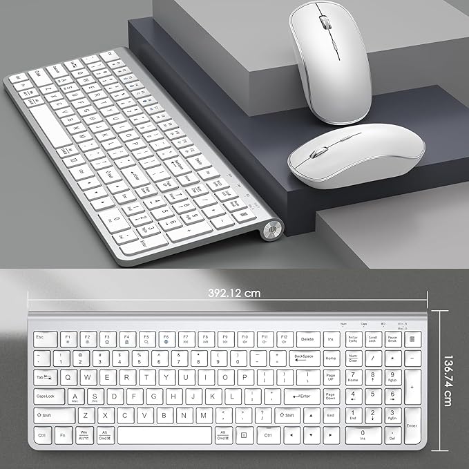 JOYACCESS Wireless Keyboard and Mouse, Ergonomic,Dustproof and Portable Wireless Keyboard with Number Keypad, Adjustable DPI Computer Mouse for Laptop,PC, Windows-Silver White