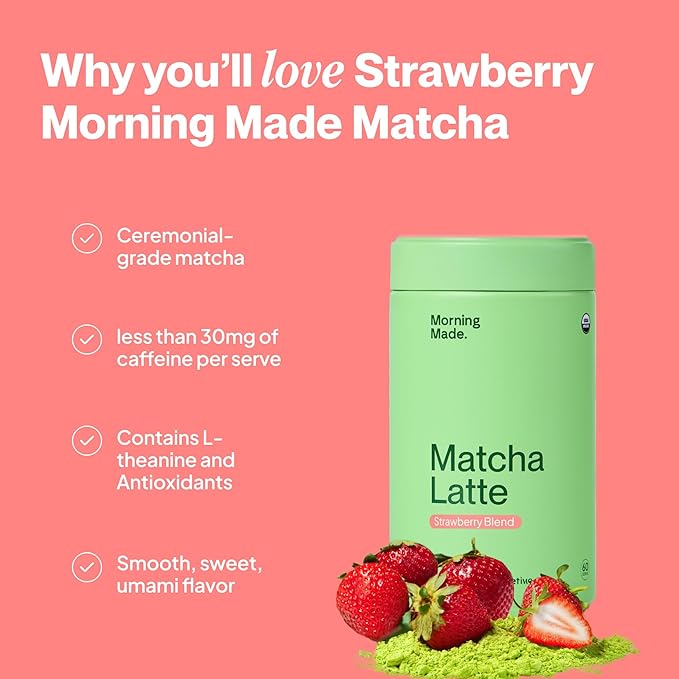 Morning Made Strawberry Flavoured Ceremonial Grade Matcha Powder | 8.46oz (240g) Resealable Tin | 60 Servings Premium Japanese Green Tea | Sweetened with Organic Sugar | Rich in Antioxidants & Energy Boosting