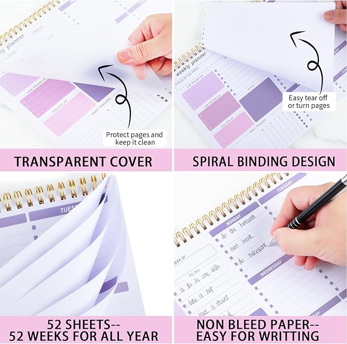 Weekly To Do List Notepad, 8.5''x11'' Weekly Desk Planner with 52 Tear Off Sheets Undated Weekly Planner Habit Tracker & Productivity Organizer for Home School and Work, Purple