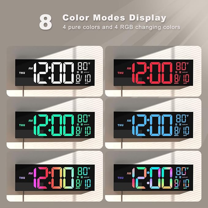 JALL 16" Large Digital Wall Mount Clock, Count Down Timer, Alarm, Big LED, 8 RGB Color, DST, Temperature for Living Room Classroom Desk, Xmas, Birthday Gift for Senior Mom Dad (Black, 16 inches)