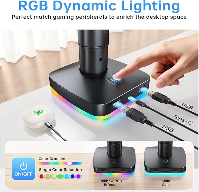 RGB Single Monitor Arm Desk Stand Gas Spring Computer Adjustable Monitor Mount for 13-32 inch Screens with RGB USB & USB-C High Speed Data Transfer C Clamp & Grommet Bases 75x75/100x100 VESA