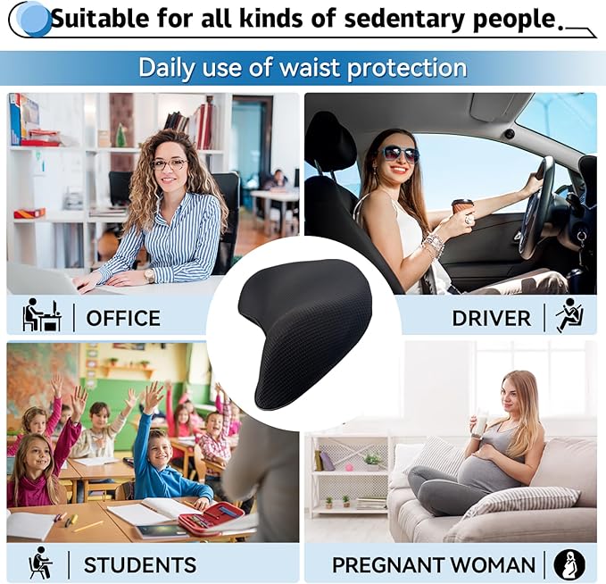 Lumbar Support Pillow for Car, 100% Memory Foam Lumbar Pillow with Breathable Removable Cover, Ergonomic Design - Back Pillow Lumbar Support Pillow for Car Seat/Back Pain Relief(Ice Silk Black, 1PC)