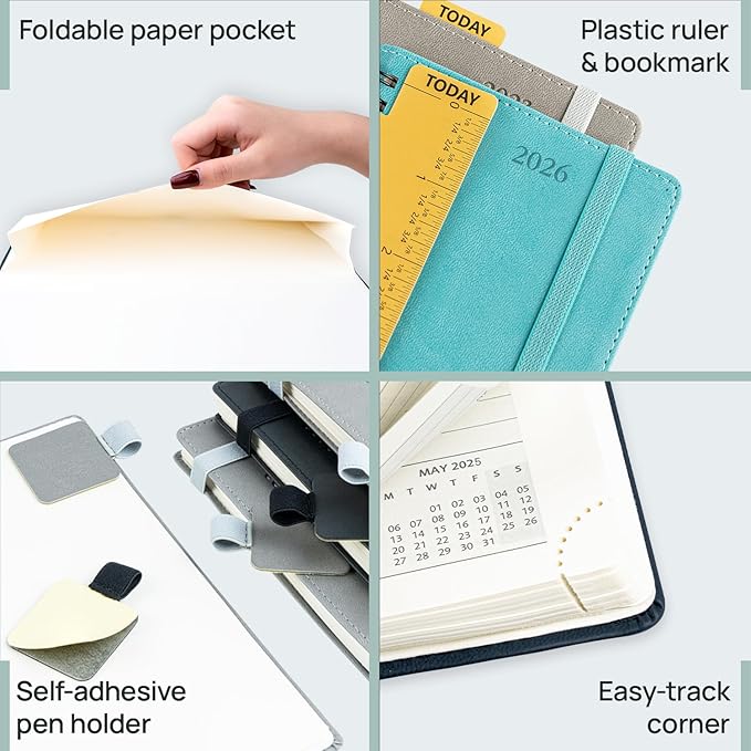 POPRUN Monthly Planner 2025-2026 Pocket Size (4" x 6.25") 18 Months Calendar (Jul 2025 - Dec 2026) - 4 Pages per Month with Monthly Expense & Notes, Sunday Start, Leather Cover - Brown