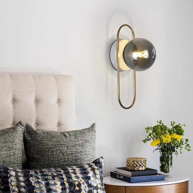 Modern Farmhouse Sconces Wall Lighting Brushed Gold Globe Wall Sconce Smoked Glass Bathroom Vanity Light Brass Sconces Hard Wired