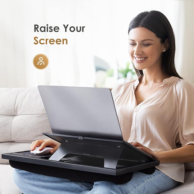 LORYERGO Adjustable Laptop Desk with Cushion, Mouse Pad & Cellphone Slot - Laptop Stand for Bed & Couch, Lap Desk for Home & Office (Black)