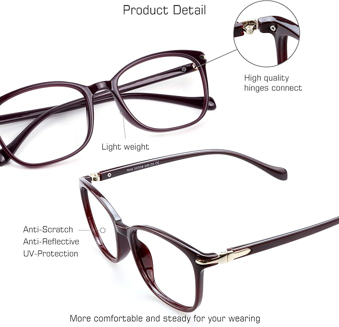 VisionGlobal Blue Light Blocking Glasses for Women/Men, Anti Eyestrain, Computer Reading, TV Glasses, Stylish Square Frame, Anti Glare(Red,+5.25 Magnification)