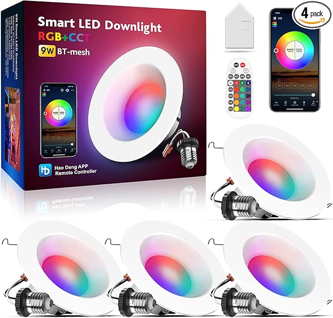Smart Can Light 6 Inch, Multicolorred, Dimmeble, 2700K-6500K CCT Selectable, RGB Remote LED Recessed Lighting 4 Pack, WiFi & Bluetooth LED Downlight, Compatible with Alexa Google Home