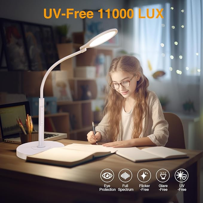 Light Therapy Floor Lamp, Dimmable 11000 Lux UV-Free LED Sunlight Lamp with Tray, 2-in-1 Floor & Desk Adjustable Height Full Spectrum Happy Therapy Light with Remote Timer for Reading Home Office