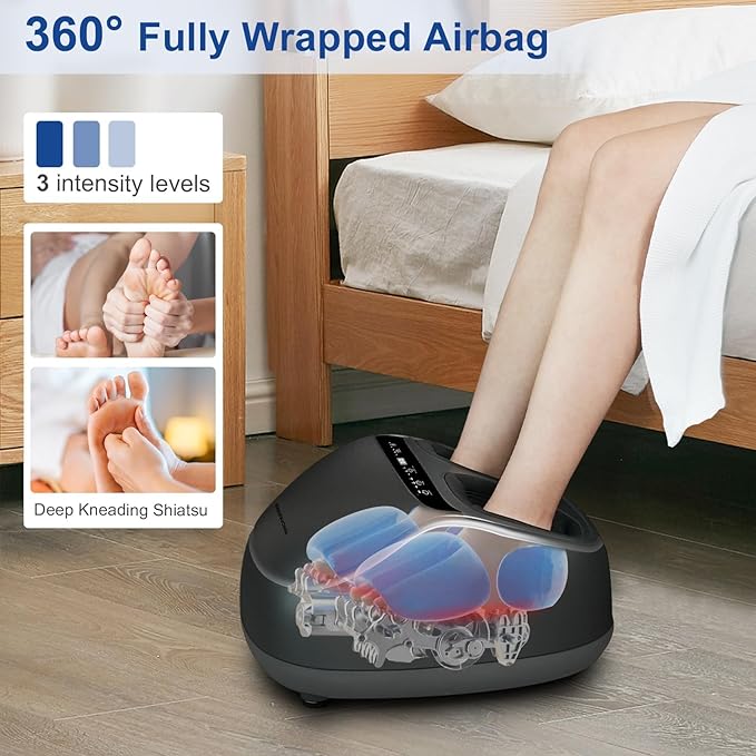KingPavonini Shiatsu Foot Massager Machine with Heat, 3-Section Massage for Full Feet Deep Kneading & Vibration, Foot Massager for Plantar Fasciitis, UP to Size 13, Gifts for Mom Dad
