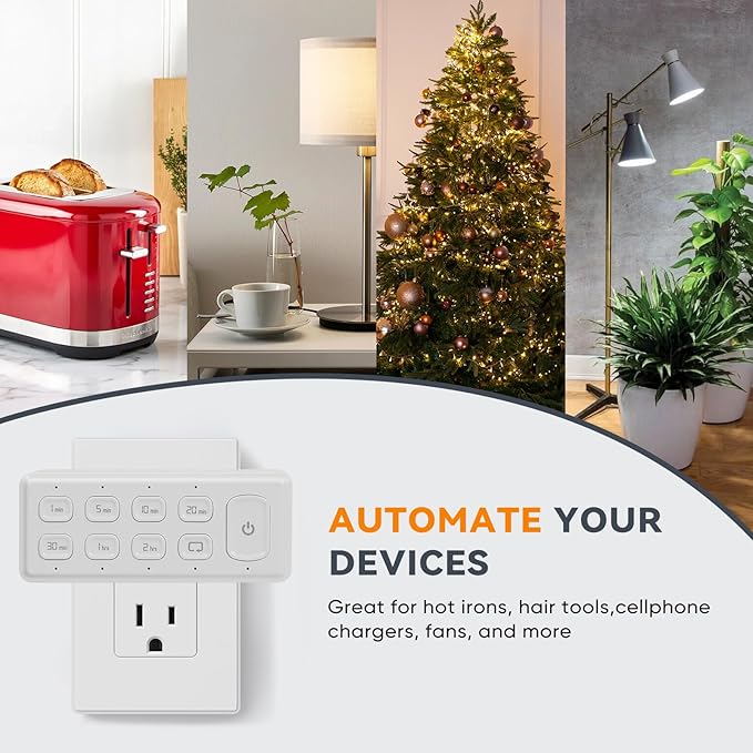 Countdown Timer Dual Outlet, Programmable Electrical Timers Outlets with Repeat Function, Up to 4H for Lights, Fan, Appliance, Electric Bike, 3-Prong, 15A/1875W, ½ HP, 2 Pack