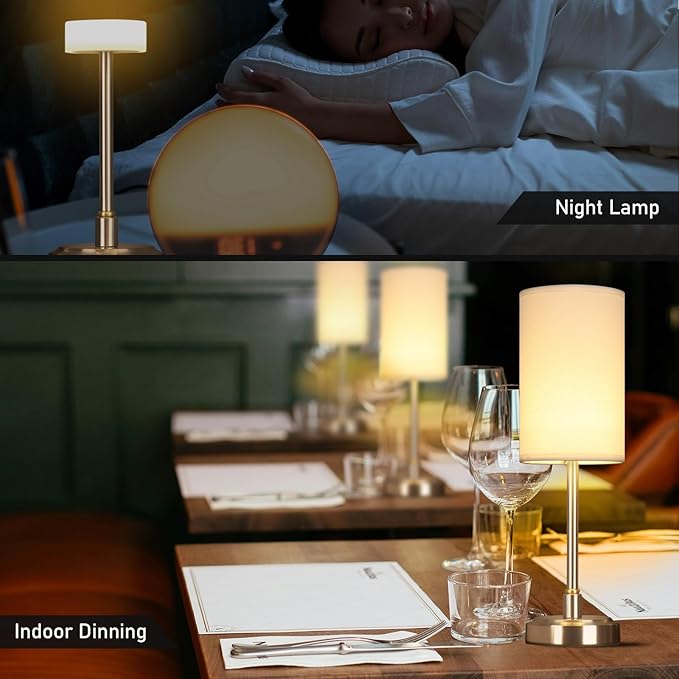 Small Cordless Touch Lamps for Nightstand Lamp Battery Operated Rechargeable Lamp, Portable 3 Colors Stepless Dimmable Fabric Shade Night Light for Restaurant/Bedroom/Outdoor (White+Nickel)