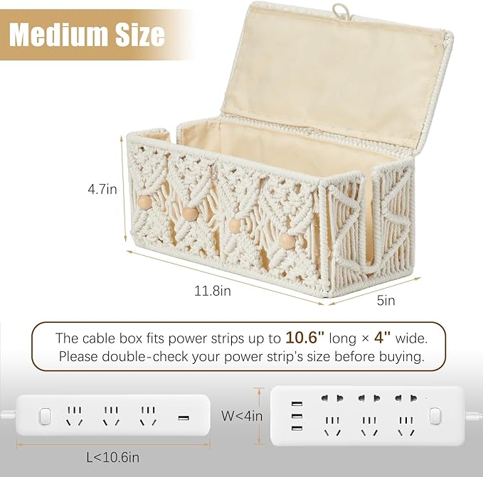 Cable Management Box Handmade Macrame Cord Storage Organizer Power Strips Outlet Router Adapter TV Wire Hider Cover Under Desk Natural Cotton Rope Woven Boxes with Lid (Off White, Medium)